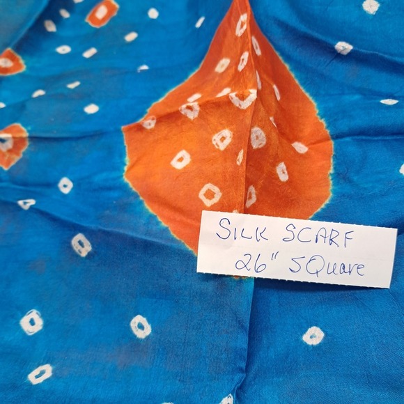 Silk Scarf Bandhani Print Handkerchief Neckerchief Square 26" Blue Orange - Picture 5 of 5